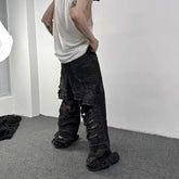 Hearujoy Mud Dyed Graffiti Distressed Hole Baggy Jeans for Men Frayed Streetwear Pantalones Hombre Casual Hole Wide Leg Denim Trousers